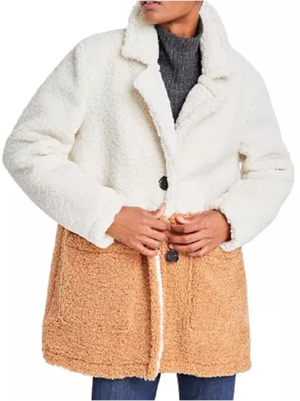 French Connection Two-Tone Teddy Jacket in Cream and Tan